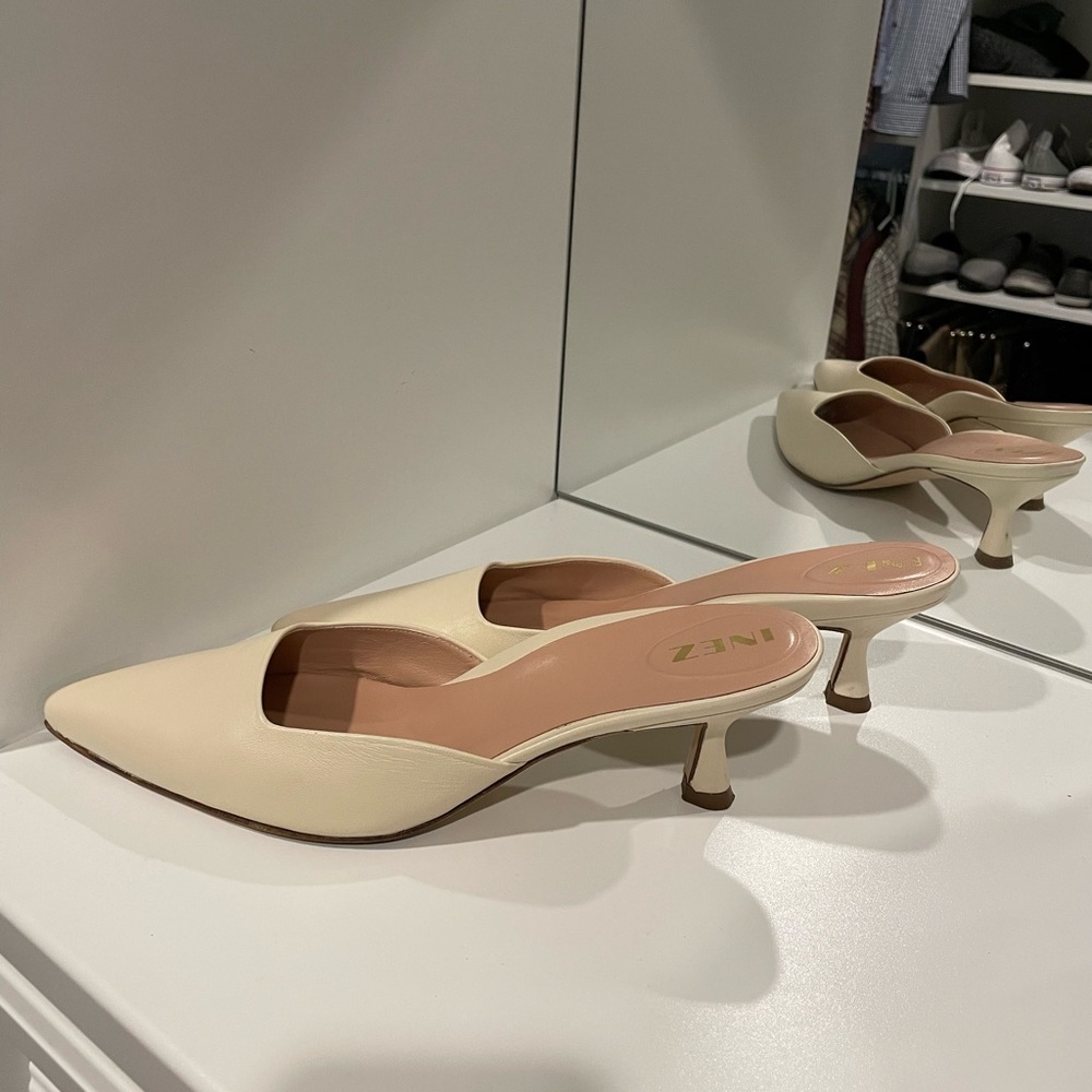 Cream Pointed-Toe Kitten Heel Mules